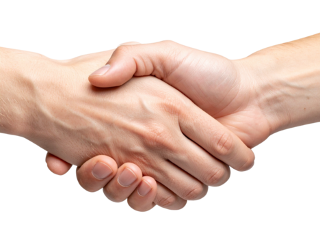 Two individuals of different skin tones are engaged in a firm handshake on transparent background.