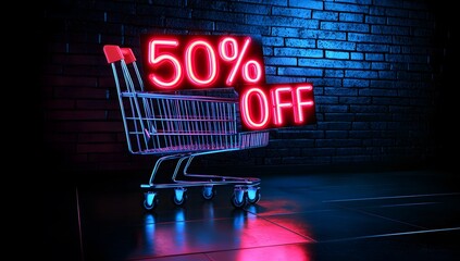 Shopping cart with the word 50% on it Neon Lighted Shop Sign on Dark background AI Generated