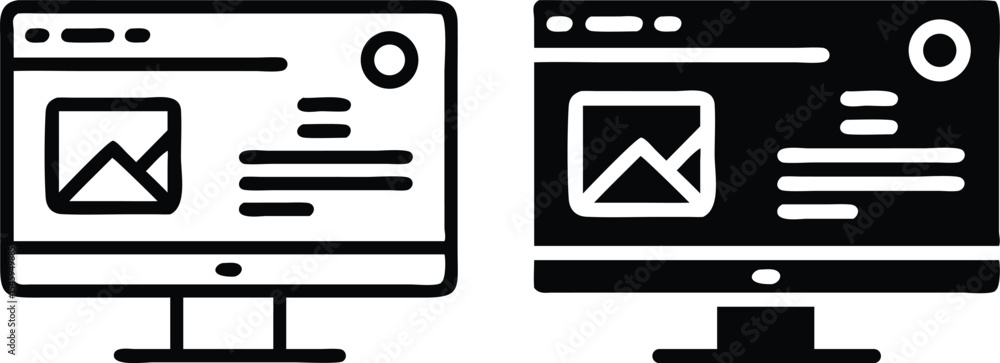 Poster minimalist line art icon of computer displaying web page or blog post with clean geometric design