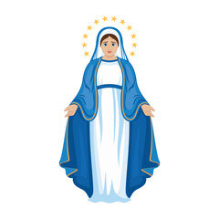Blessed Virgin Mary, Mother of Jesus vector illustration. Beautiful Virgin Mary icon on a white background. Virgin Mary with stars around her head symbol. Our Lady of Grace in blue dress drawing