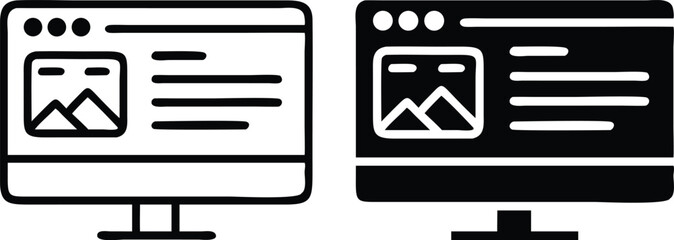 Minimalist Line Art Icon of Computer Displaying Web Page or Blog Post with Clean Geometric Design
