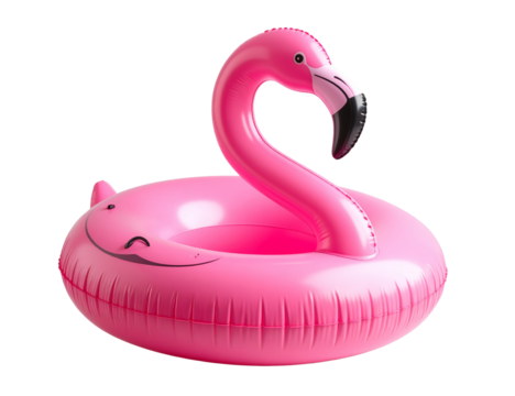 Pink inflatable flamingo pool float designed for summer fun and relaxation on transparent background.