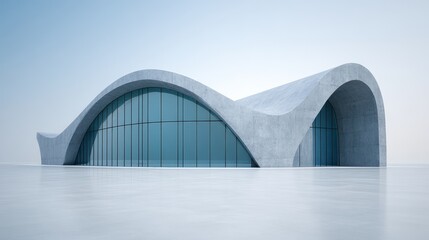 Fototapeta premium A modern, wave-shaped concrete building with large blue-tinted glass windows surrounded by a calm reflective surface.