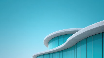 A modern building with curved white concrete edges and large blue-tinted glass windows under a clear blue sky.