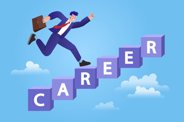 Career progression concept. An ambitious businessman runs up the stairs that spell 'career'. Vector for professional growth, success, and climbing the corporate ladder.