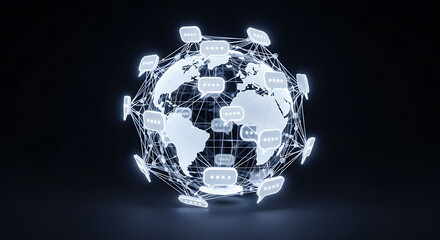Global network connecting, digital world map, with chat bubbles, in futuristic cyberspace, communication concept, international connections