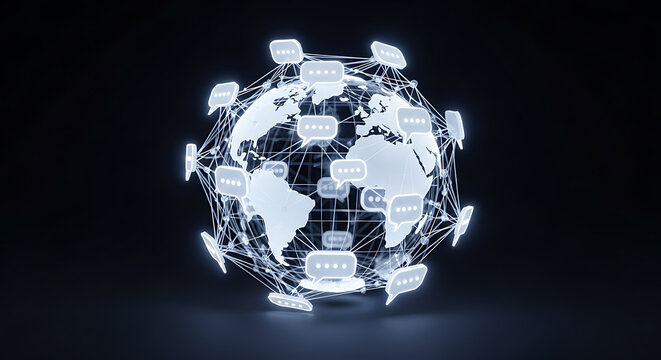 Global network connecting, digital world map, with chat bubbles, in futuristic cyberspace, communication concept, international connections