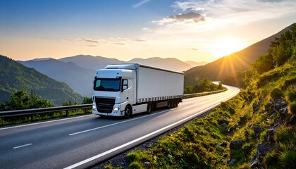 Truck driving on mountain road at sunset.