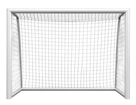 Soccer goal with metal frame and white netting, ideal for sports and recreational activities on transparent background.