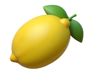 Single ripe yellow lemon with green leaves 3d render