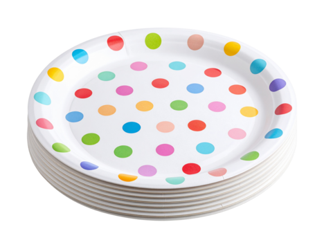A stack of disposable paper plates adorned with multicolored polka dots on transparent background.