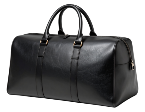 Elegant black leather duffel bag with sturdy handles and a sleek design on transparent background.