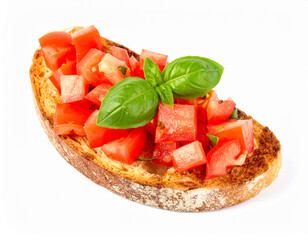 Bruschetta with tomatoes and basil on toasted bread isolated on white background for Italian appetizer or healthy food concept