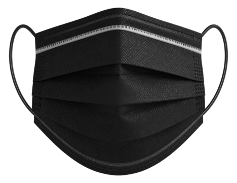 Black disposable face mask with ear loops on transparent background.