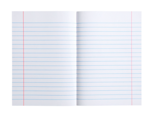 A sheet of lined notebook paper folded into quarters, featuring blue horizontal lines and a red vertical margin line on transparent background.