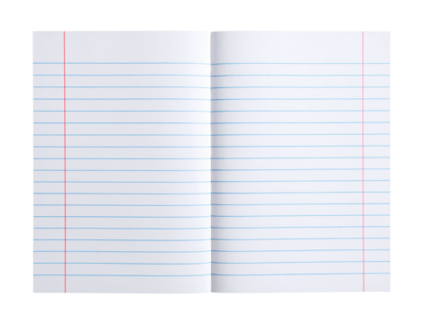 A sheet of lined notebook paper folded into quarters, featuring blue horizontal lines and a red vertical margin line on transparent background.