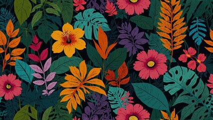 Vibrant floral paradise: A kaleidoscopic view of blossoms in a lush tropical arrangement, featuring various flowers and leaves in a stunning, lively display of color and detail.