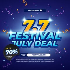 7.7 July Festival Sale discount deals Dynamic deep Blue gradient Confetti Editable text effect Promo code Promotion banner template