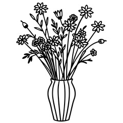 Line art wildflower bouquet in striped vase