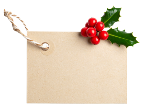 Beige gift tag adorned with green holly leaves and red berries, featuring a twine string for attaching on transparent background.