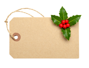 Beige gift tag adorned with green holly leaves and red berries, featuring a twine string for attaching on transparent background.