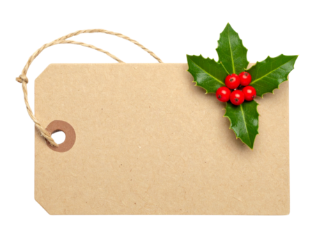 Beige gift tag adorned with green holly leaves and red berries, featuring a twine string for attaching on transparent background.