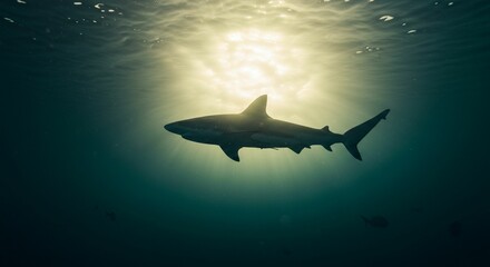 Shark silhouette underwater light