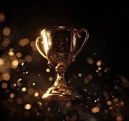 A gleaming gold trophy, seemingly levitating amidst a shower of golden bokeh, set against a deep black background