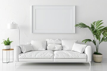 High Definition View of Minimal White Sofa in Living Room with Photo Frame Mockup 3D Render