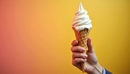 Close-up of ice cream cone held against warm gradient background