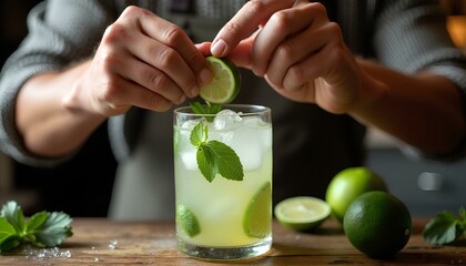 Close-up of hands squeezing lime into glass with mint and ice