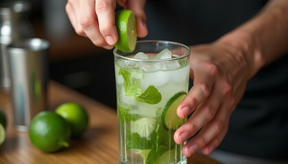Close-up of hands squeezing lime into glass with mint and ice