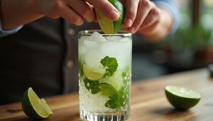 Close-up of hands squeezing lime into glass with mint and ice