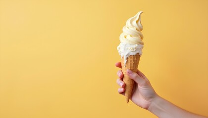 Close-up of ice cream cone held against warm gradient background