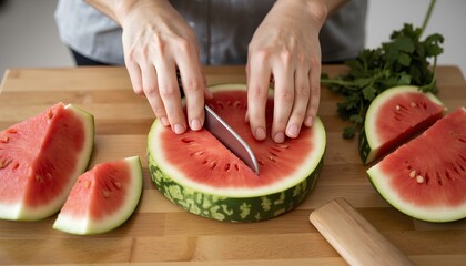 Close-up of hands cutting ripe watermelon on wooden board