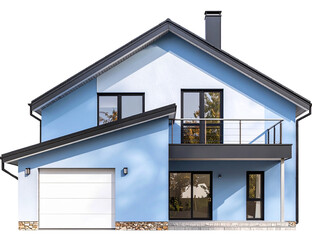 A modern blue two-story house with a garage and a balcony featuring minimalist design.