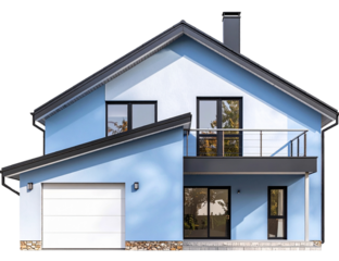 A modern blue two-story house with a garage and a balcony featuring minimalist design.