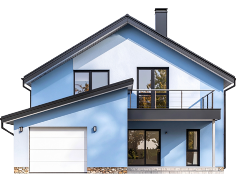 A modern blue two-story house with a garage and a balcony featuring minimalist design.