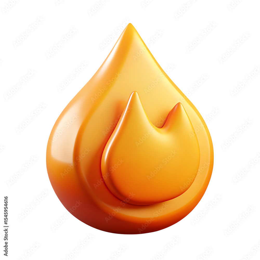 Poster 3d render orange flame drop icon isolated on transparent background