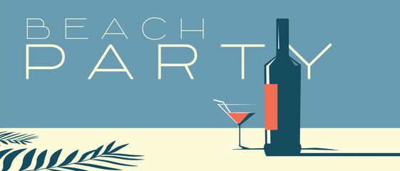 Party on a summer terrace, palm leaves, shadow, bottle of alcohol, glass. Flat style poster for a restaurant, martini, cocktail, drink, wine