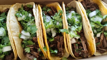 Freshly Prepared Tacos with Cilantro and Onions in Takeout Box
