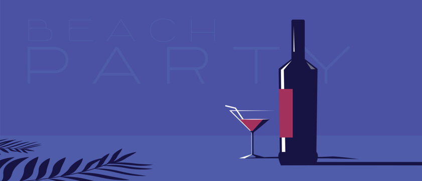 Flet illyustratsiya butylka alkogolya, bokal, ten' ot list'yev pal'my. Podoydot dlya illyustratsii bannera restorana, poster vinnogo bara, plyazhnaya vecherinka, magazin vin. Krasnoye vino, shardone