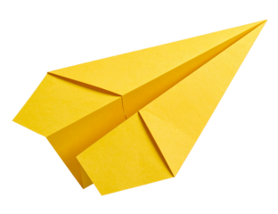 Yellow paper airplane folded with precision on transparent background.