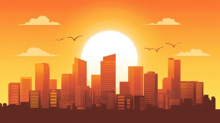 Obraz premium Vibrant Sunset Over City Skyline with Silhouetted Buildings and Clouds