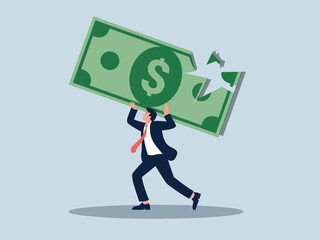Businessman carrying a large torn dollar bill on his shoulders in a financial struggle concept art