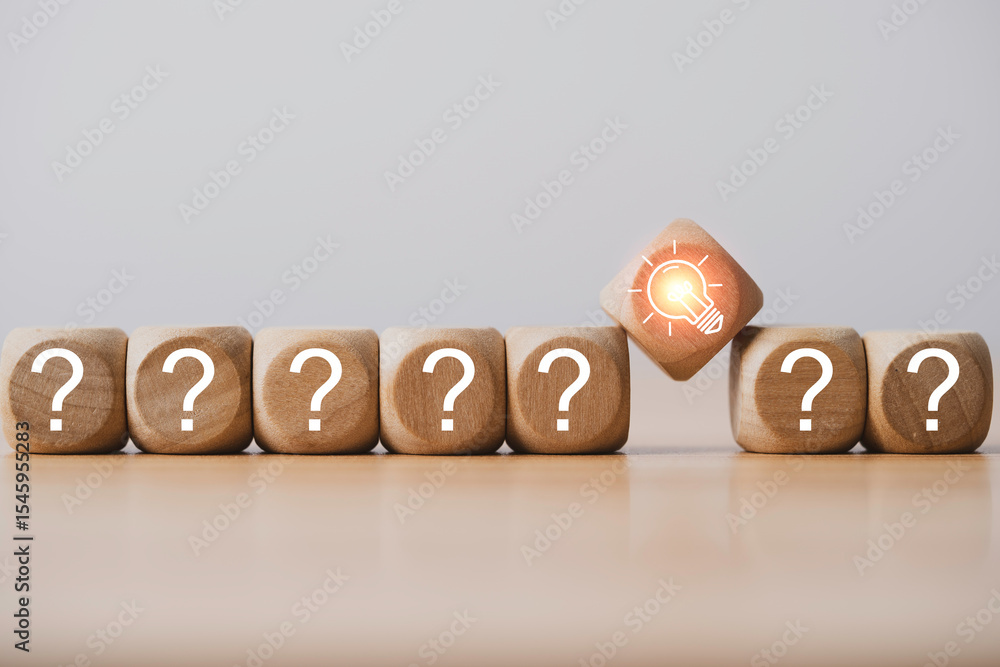 Poster glowing lightbulb insert between question mark for creative thinking idea and problem solving soluti