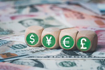 International banknotes with currency sign include dollar euro yen yuan pound sterling  for money transfer and trade forex concept.