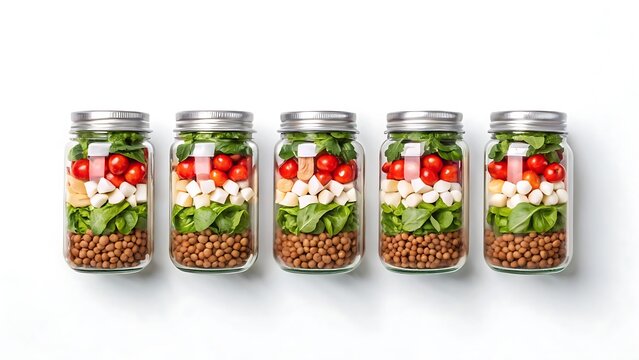 Five layered mason jar salads isolated on white background - Powered by Adobe