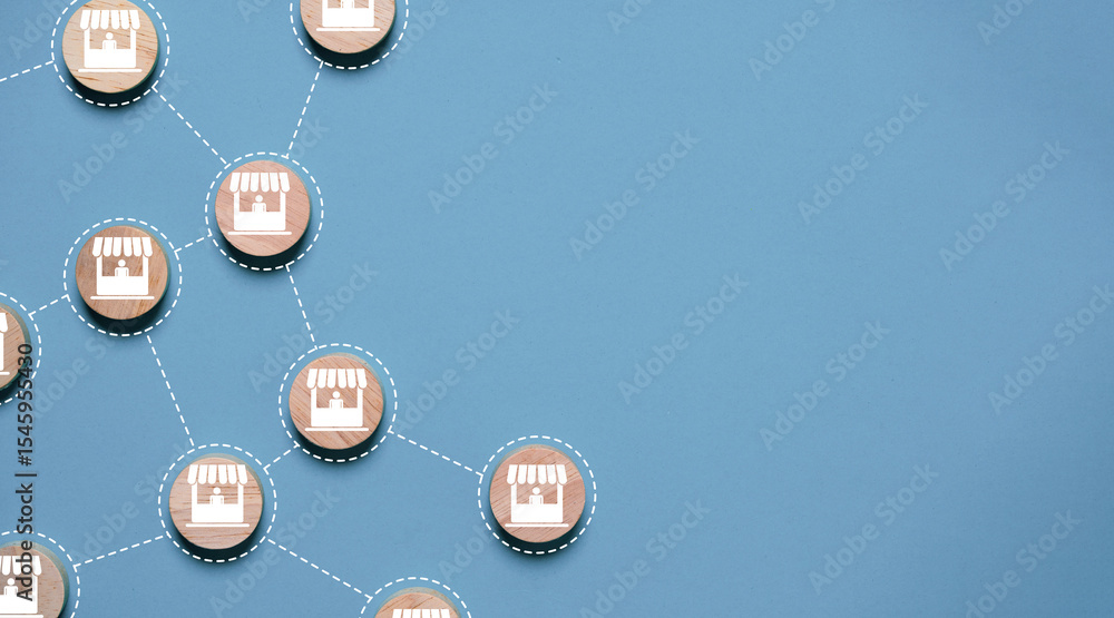 Aufkleber linkage connection of shop franchise on round wooden for network business can create strength concep