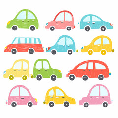 Crayon drawn naive funky kid cars collection